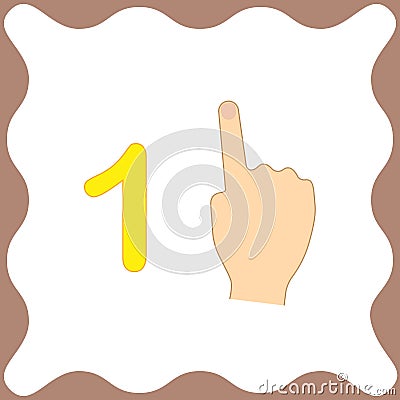 Number 1 one, educational card, learning counting with fingers Vector Illustration