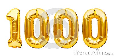 Number 1000 one thousand made of golden inflatable balloons isolated on white. Helium balloons, gold foil numbers. Party Stock Photo