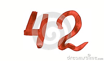 The number 42, painted with a brush in watercolor. Vintage symbol Stock Photo