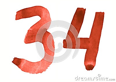 The number 34, painted with a brush in watercolor. Vintage symbol Stock Photo