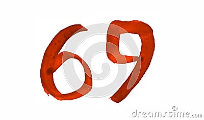 The number 69, painted with a brush in watercolor. Vintage symbol Stock Photo