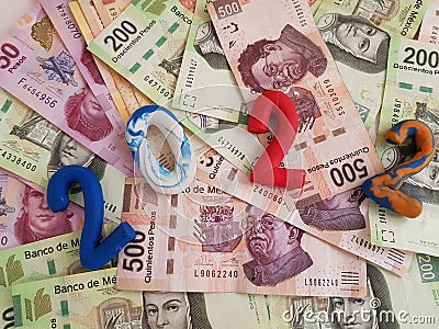 number 2022 in plasticine colors, on mexican banknotes of various denominations Stock Photo