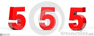 Number 5, of red color in 3 positions. 3d Render illustration at different angles: Front, right side, left side. Cartoon Illustration
