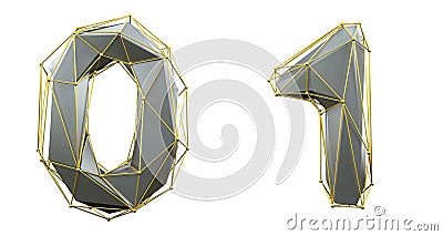 Number set 0, 1 made of silver color glass. Collection symbols of gold low poly style silver color glass isolated on Stock Photo