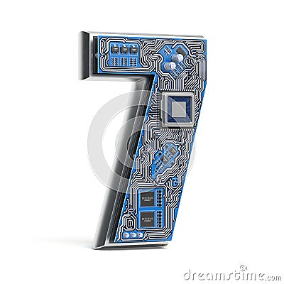 Number 7 seven, Alphabet in circuit board style. Digital hi-tech letter isolated on white. Cartoon Illustration