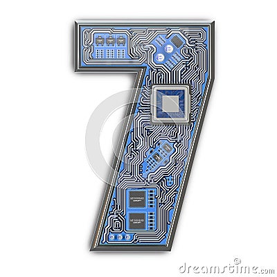 Number 7 seven, Alphabet in circuit board style. Digital hi-tech letter isolated on white Cartoon Illustration