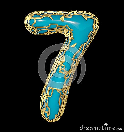 Number seven 7 made of golden shining metallic with blue paint isolated on black 3d Stock Photo