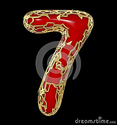 Number seven 7 made of golden shining metallic with red paint isolated on black 3d Stock Photo