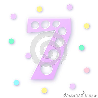 Number Seven in paper cut style on white background. Typographic design. Bold violet number Vector Illustration