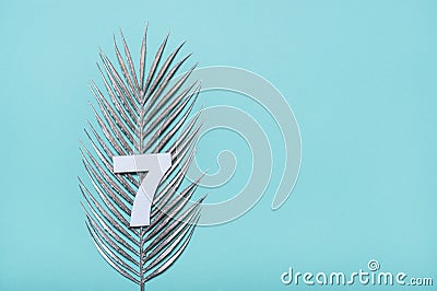 Number seven shape with silver palm leaves on blue background. Summer concept. Flat lay. Top view Stock Photo
