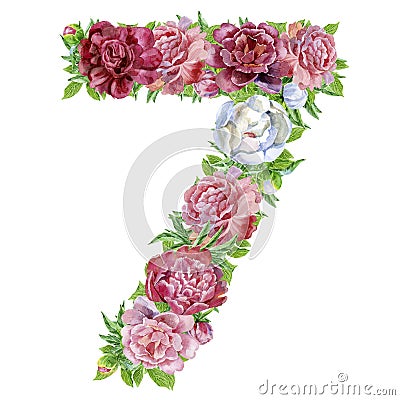 Number seven of watercolor flowers Stock Photo