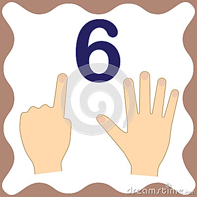 Number 6 six, educational card, learning counting with fingers Vector Illustration