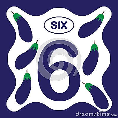 Number 6 six, educational card, learning counting Vector Illustration