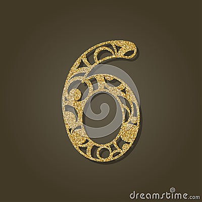 Number six for laser cutting.Round gold Vector illustration. Vector Illustration