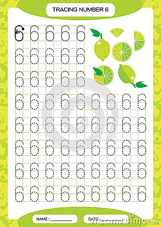 Number 6. Six Tracing Worksheet for kids. Green juicy lime. Preschool worksheet, practicing motor skills - tracing Vector Illustration