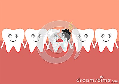 A number of teeth in the oral cavity, including one cracked tooth. Vector Illustration