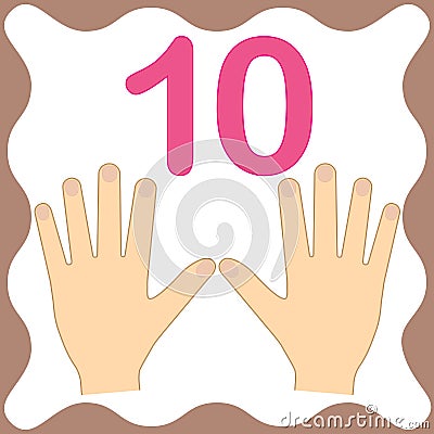 Number 10 ten, educational card,learning counting with fingers Vector Illustration