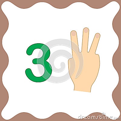 Number 3 three, educational card,learning counting with fingers Vector Illustration