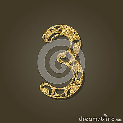 Number three for laser cutting.Round gold pattern. Vector Illustration