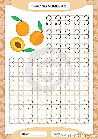 Number 3. Three Tracing Worksheet. Orange Peach fruit. Preschool worksheet, practicing motor skills - tracing dashed Vector Illustration