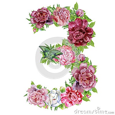 Number three of watercolor flowers Stock Photo