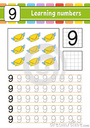 Number 9. Trace and write. Handwriting practice. Learning numbers for kids. Education developing worksheet. Activity page. Game Vector Illustration