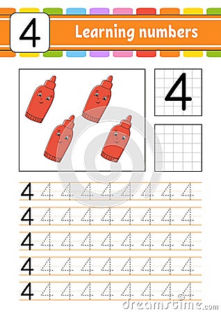 Number 4. Trace and write. Handwriting practice. Learning numbers for kids. Education developing worksheet. Activity page. Vector Illustration