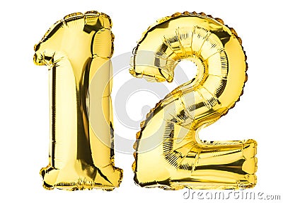 Number Twelve 12 balloons. Helium balloon. 12 years. Golden Yellow foil color. Birthday party, greeting card, Sale, Advertising, A Stock Photo