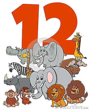 Number twelve for kids with cartoon animals group Vector Illustration