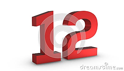 Number 12 Twelve One Red Sign 3D Rendering Isolated on White Background One Red Sign 3D Rendering Isolated on White Background Stock Photo