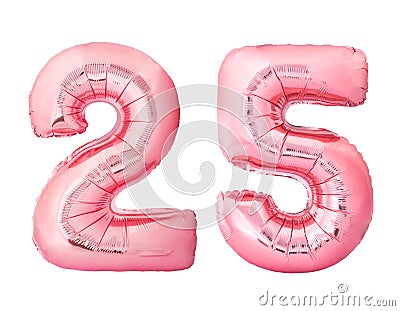 Number 25 twenty five made of rose gold inflatable balloons isolated on white background Stock Photo