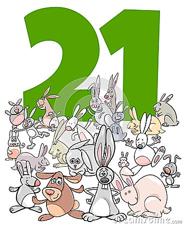 Number twenty one and cartoon rabbits group Vector Illustration