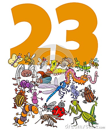 Number twenty three and cartoon insects group Vector Illustration