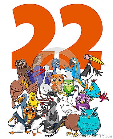 Number twenty two and cartoon birds group Vector Illustration