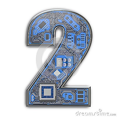 Number 2 two, Alphabet in circuit board style. Digital hi-tech letter isolated on white Cartoon Illustration