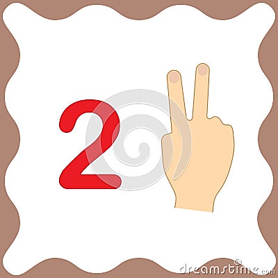 Number 2 two, educational card, learning counting with fingers Vector Illustration