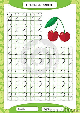 Number 2. Two Tracing Worksheet. Cherry berry. Preschool worksheet, practicing motor skills - tracing dashed lines. A4 Vector Illustration