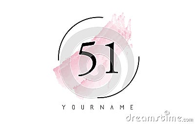Number 51 Watercolor Stroke Logo with Circular Shape and Pastel Pink Brush Vector Illustration