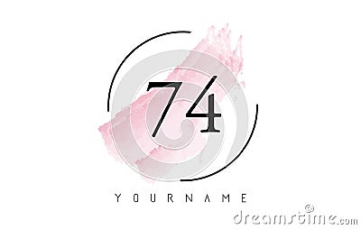 Number 74 Watercolor Stroke Logo Design with Circular Brush Pattern Vector Illustration