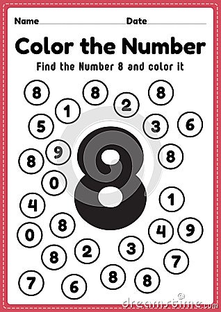 Number worksheets for kindergarten, number 8 coloring math activities for preschool kids to learn basic mathematics skills in a Vector Illustration