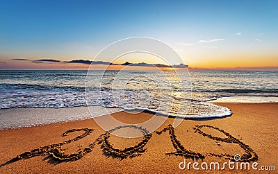 Number 2019 written on seashore sand. Stock Photo