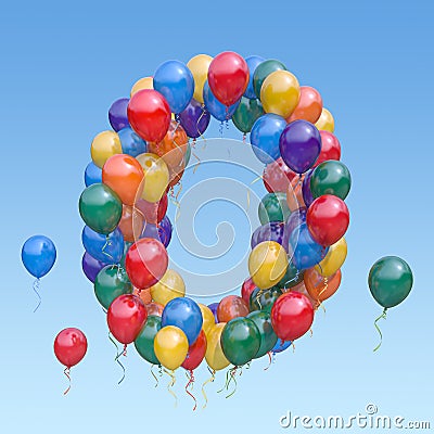 Number 0 zero from balloons in the sky. Text letter for age, holiday, birthday, celebration Cartoon Illustration