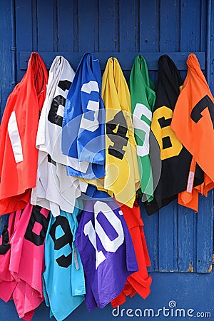 Numbered color coded groom thoroughbred horse racing bibs Stock Photo