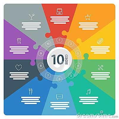 Numbered full page flat rainbow spectrum colored puzzle presentation infographic chart with explanatory text field Vector Illustration