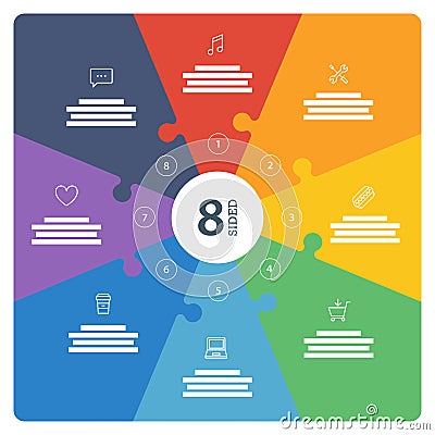 Numbered full page flat rainbow spectrum colored puzzle presentation infographic chart with explanatory text field Vector Illustration