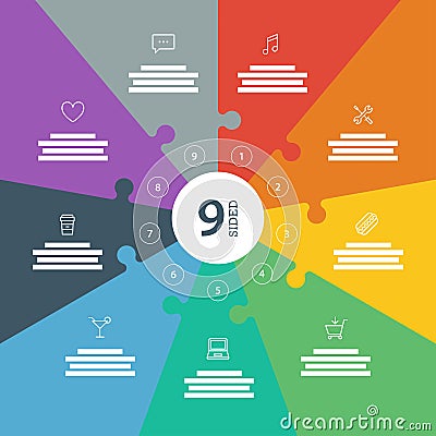 Numbered full page flat rainbow spectrum colored puzzle presentation infographic chart with explanatory text field Vector Illustration