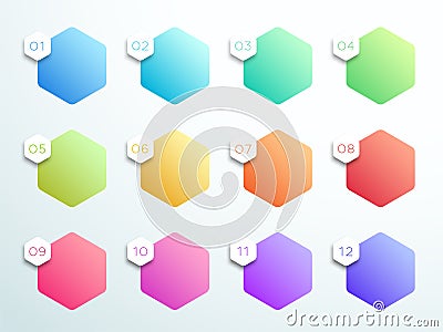 Numbered Gradient Hexagon Text Box 1 to 12 Vector Vector Illustration