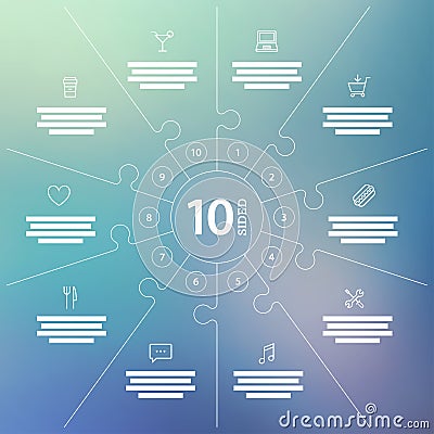 Numbered line puzzle presentation infographic chart with explanatory text field and icons on blurred background Vector Illustration