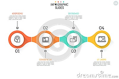 4 numbered round elements with thin line icons inside successively connected into horizontal chain. Minimal infographic Vector Illustration