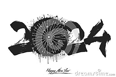 Happy New Year 2024 and bike wheel Vector Illustration